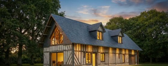 Réhabilitation d'une grange normande à colombages au crépuscule, Pays de Caux