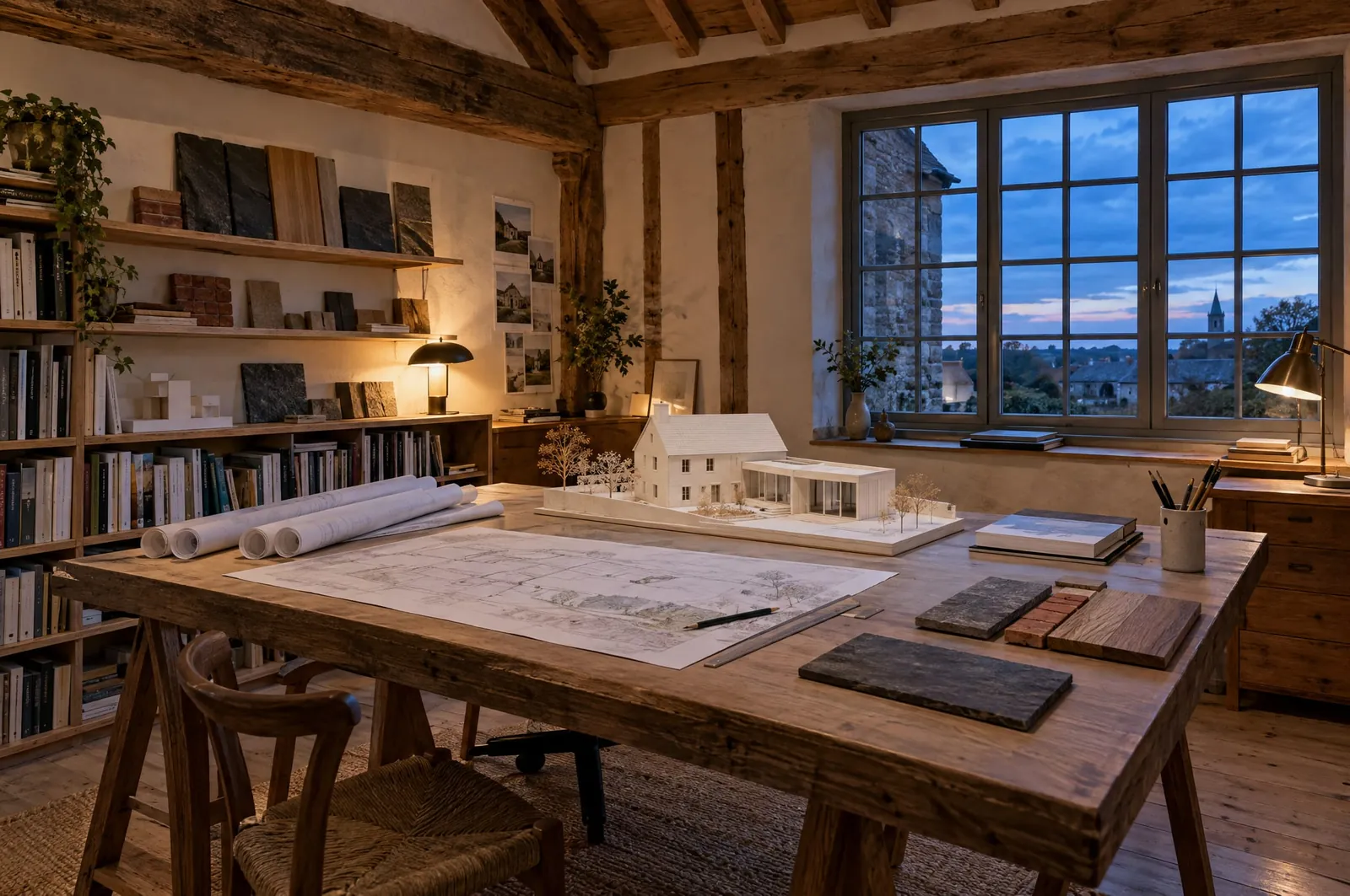 Atelier d’architecture sous charpente apparente : table à dessin, maquette blanche d’une maison avec extension, échantillons de matériaux.