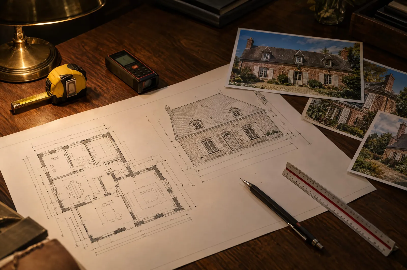 Bureau d’architecte en soirée : plans et façade d’une maison existante, mètre ruban, télémètre et photographies de la maison.